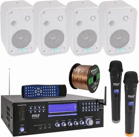 Pyle 3000W Bluetooth USB Home Theater Preamp AM/FM Stereo Receiver System with 2 Wireless Mics - Bundle Combo with 4x 3.5" 300W Indoor/Outdoor White Waterproof Speakers, 16 Gauge 50 Feet Speaker Wire home cinema system,5.1 home theater,surround sound 