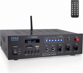 Pyle 300W Bluetooth Karaoke Amplifier - 2-Channel PA System with FM Radio - USB/SD - AUX - 2 Mic Inputs - Siren Alarm - 12V Power Option - Remote Control for Home - Car - Bus Tours - PFA600BU power amplifier,stereo amp,hi-fi power amp,