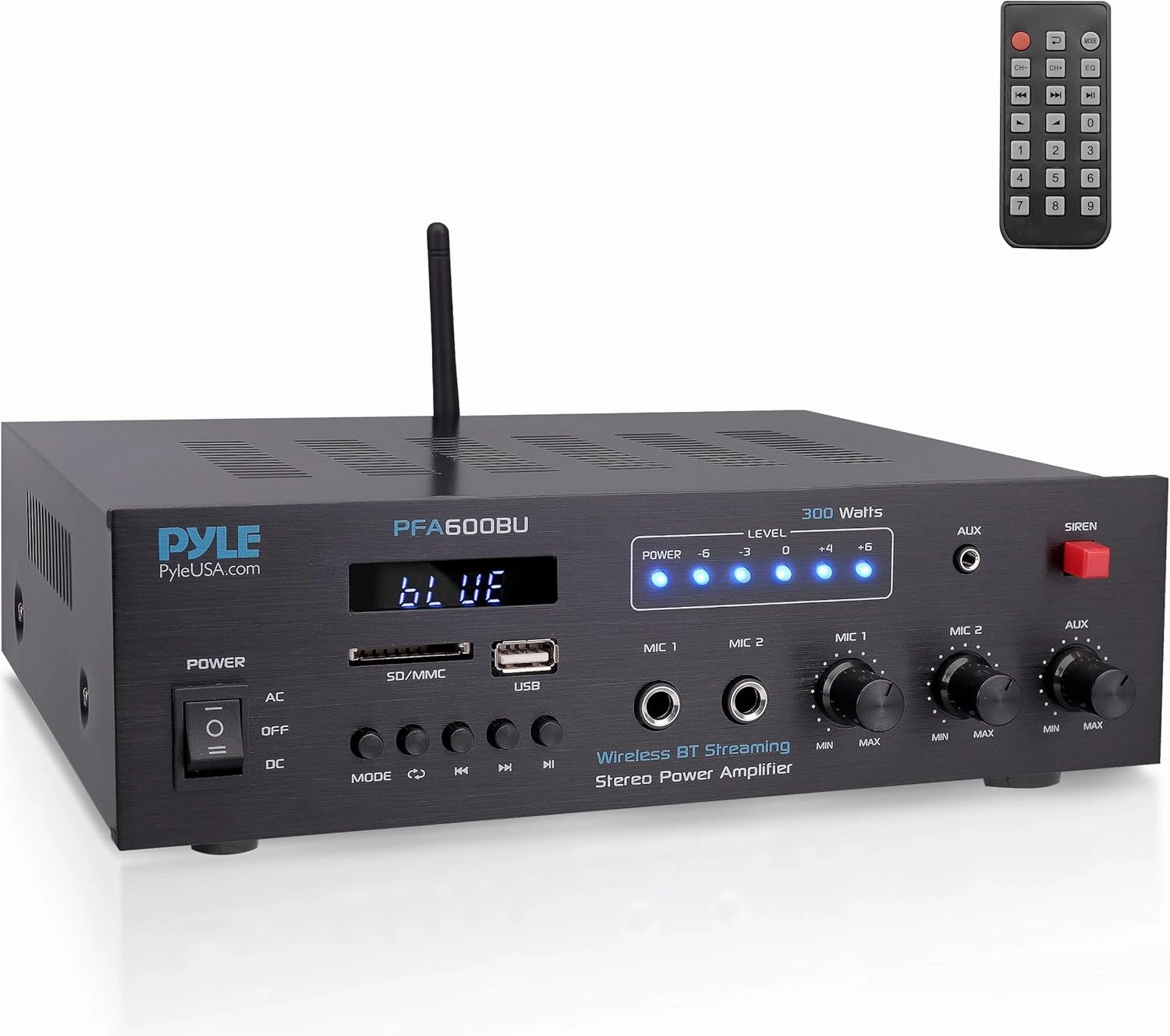Pyle 300W Bluetooth Karaoke Amplifier - 2-Channel PA System with FM Radio - USB/SD - AUX - 2 Mic Inputs - Siren Alarm - 12V Power Option - Remote Control for Home - Car - Bus Tours - PFA600BU power amplifier,stereo amp,hi-fi power amp,