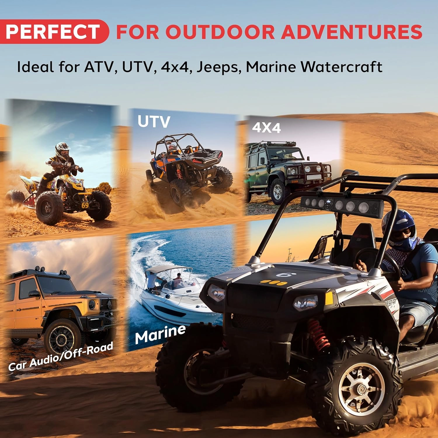 Pyle 36" Marine Sound Bar Speaker System for ATV/UTV with Bluetooth, 270W Peak Power, Built-in Amplifier, 6x4 Woofers, 2x1 Treble, Remote Control, USB/AUX Input, Handlebar Mount, IPX5 Waterproof
