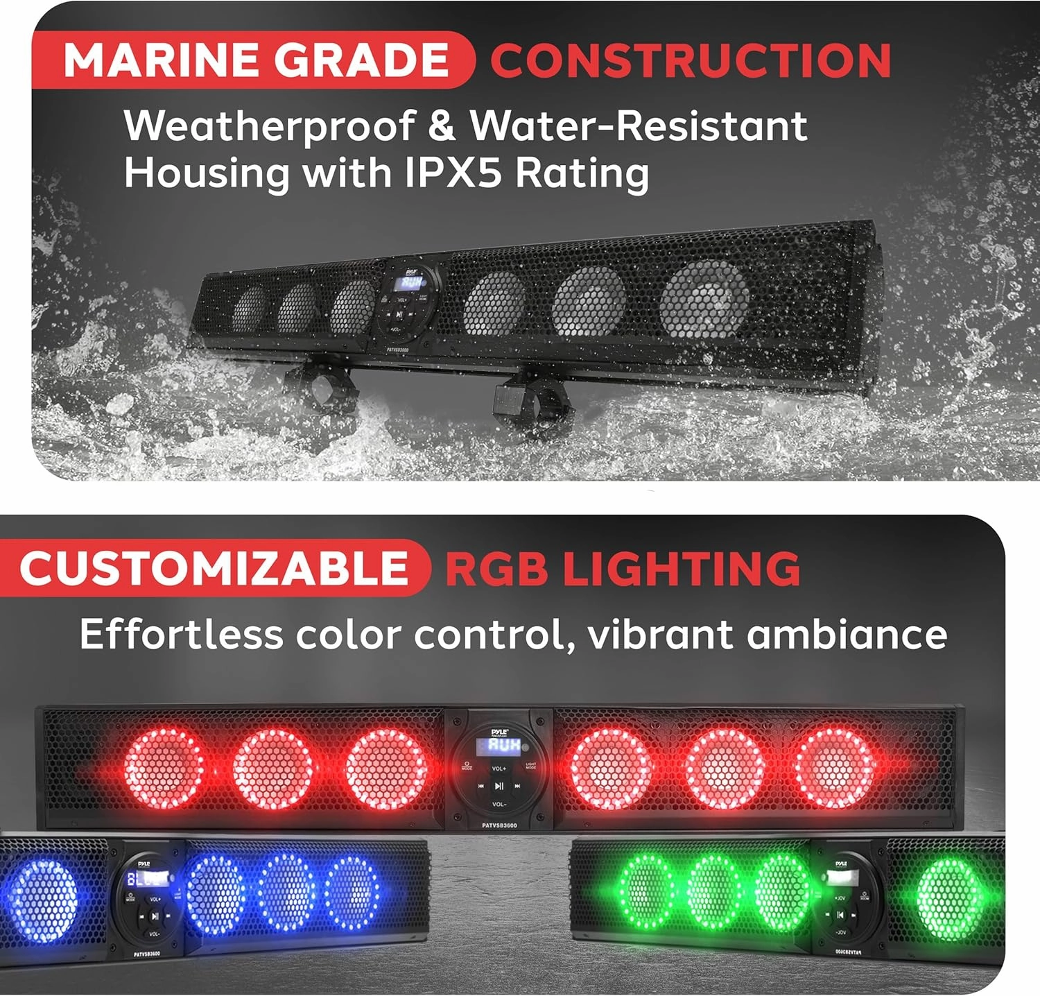 Pyle 36" Marine Sound Bar Speaker System for ATV/UTV with Bluetooth, 270W Peak Power, Built-in Amplifier, 6x4 Woofers, 2x1 Treble, Remote Control, USB/AUX Input, Handlebar Mount, IPX5 Waterproof