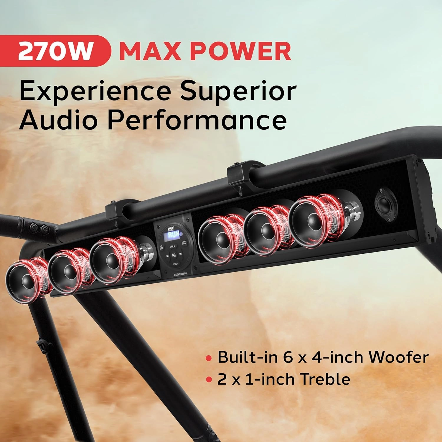Pyle 36" Marine Sound Bar Speaker System for ATV/UTV with Bluetooth, 270W Peak Power, Built-in Amplifier, 6x4 Woofers, 2x1 Treble, Remote Control, USB/AUX Input, Handlebar Mount, IPX5 Waterproof