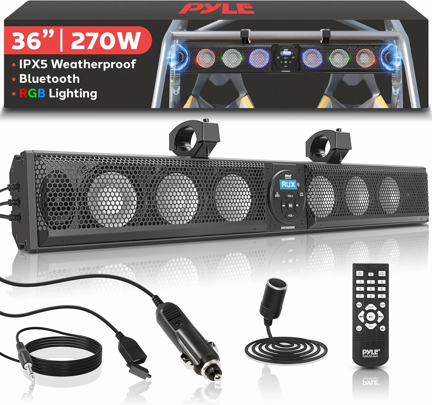 Pyle 36" Marine Sound Bar Speaker System for ATV/UTV with Bluetooth, 270W Peak Power, Built-in Amplifier, 6x4 Woofers, 2x1 Treble, Remote Control, USB/AUX Input, Handlebar Mount, IPX5 Waterproof soundbar,TV speaker bar,home theater soundbar,