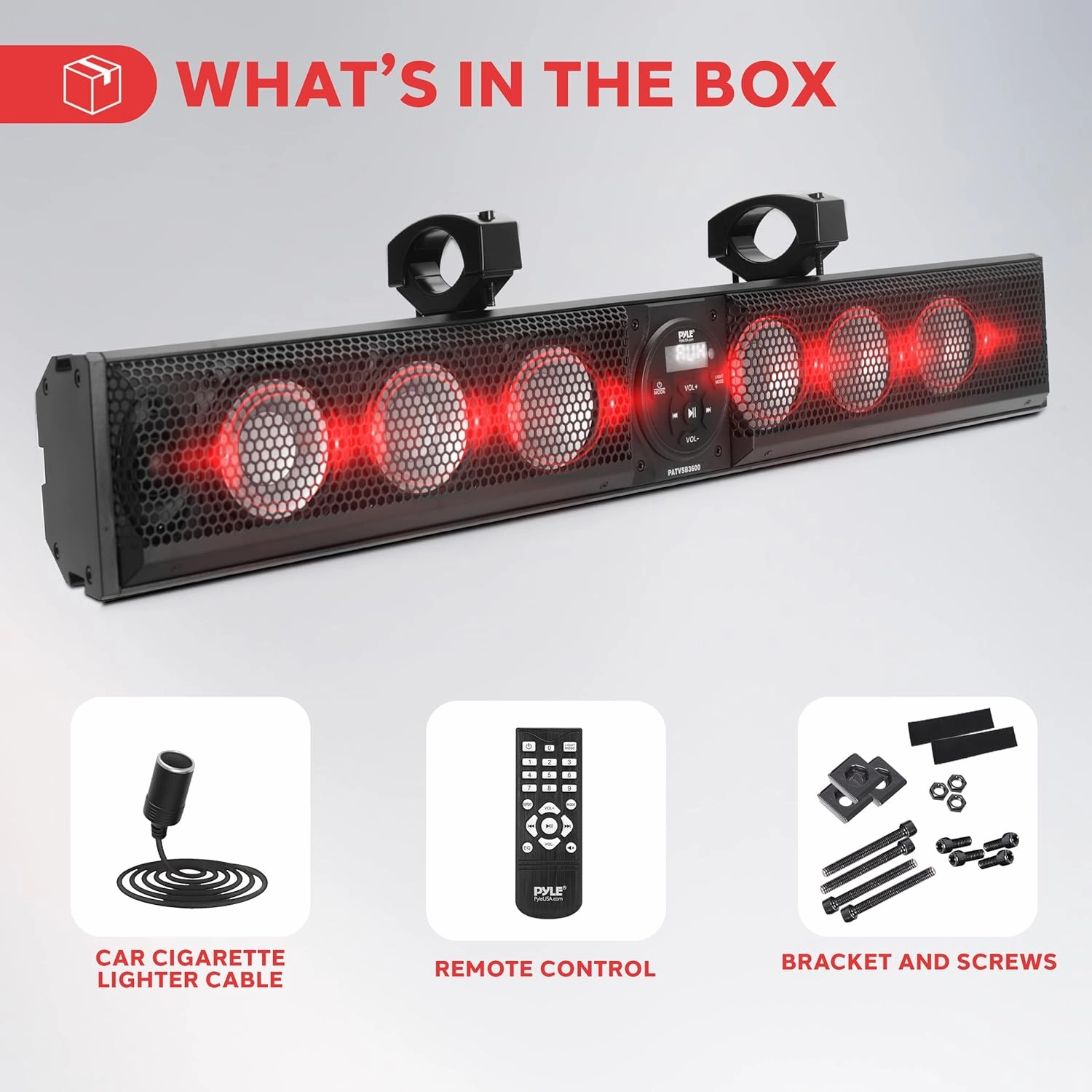 Pyle 36" Marine Sound Bar Speaker System for ATV/UTV with Bluetooth, 270W Peak Power, Built-in Amplifier, 6x4 Woofers, 2x1 Treble, Remote Control, USB/AUX Input, Handlebar Mount, IPX5 Waterproof