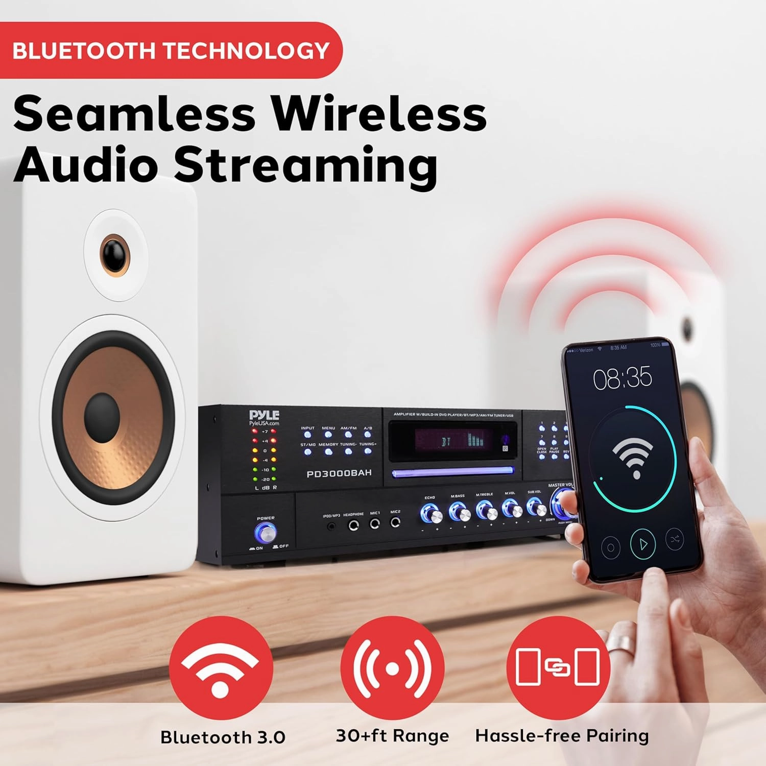 Pyle 4000W 4-Channel Wireless Bluetooth Amplifier - Stereo Home Audio Receiver with FM Radio - HDMI - USB - 2 Mic Inputs w/Echo - Front CD/DVD Player - Subwoofer Output - Rack Mount - PD3000BAH