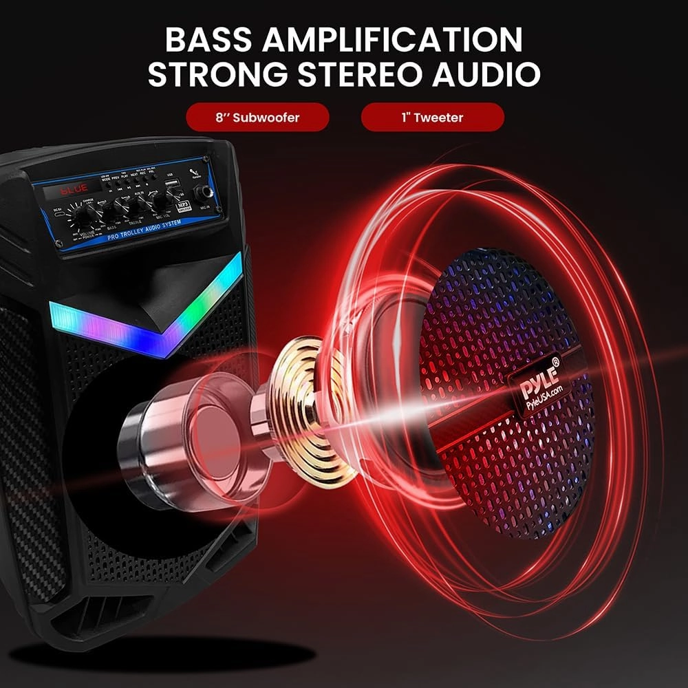 Pyle 400W Rechargeable Outdoor Bluetooth Speaker Portable PA System w/ 8 Subwoofer 1 Tweeter, Recording Function, Mic In, Party Lights USB/SD, Radio - Pyle PPHP842B, BLACK