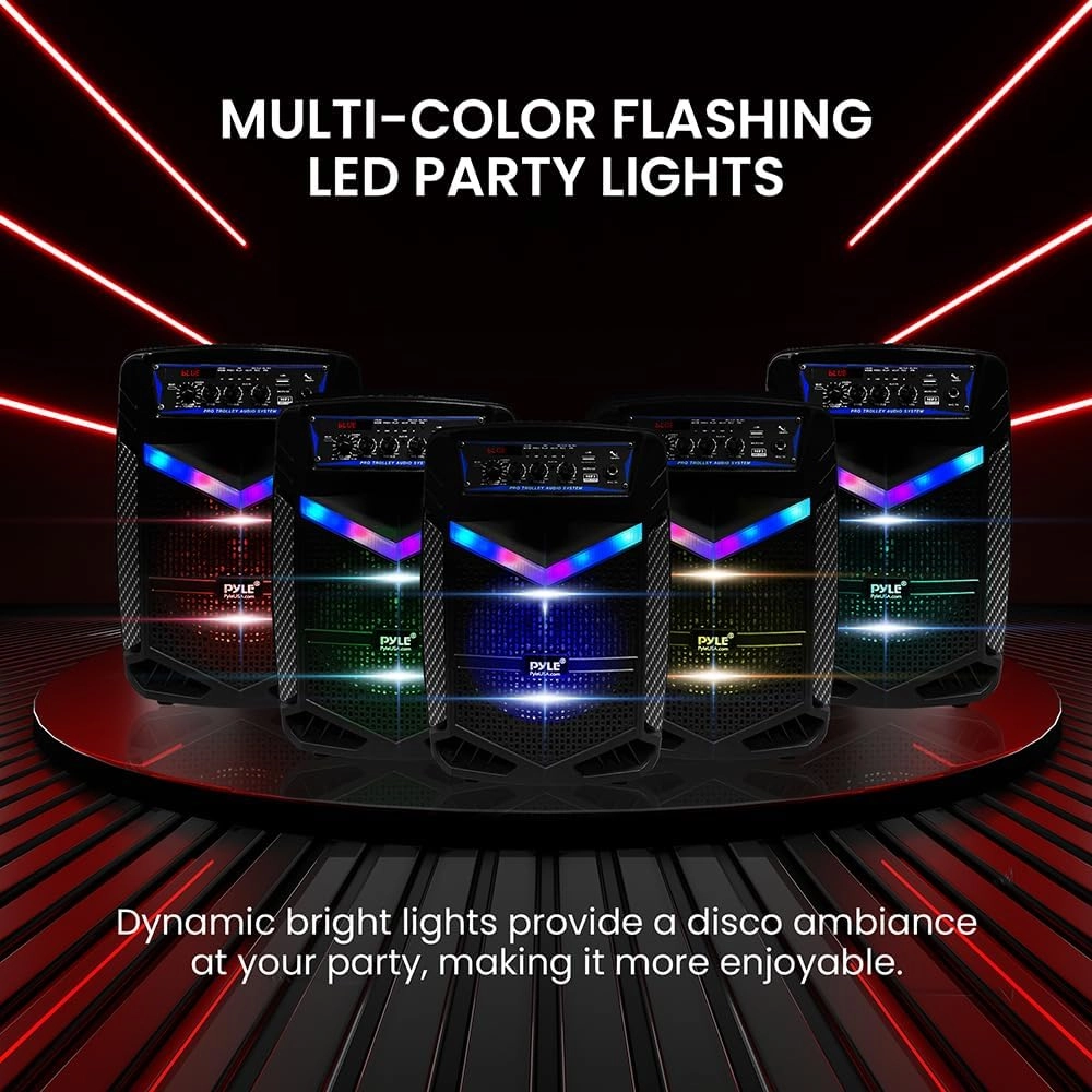 Pyle 400W Rechargeable Outdoor Bluetooth Speaker Portable PA System w/ 8 Subwoofer 1 Tweeter, Recording Function, Mic In, Party Lights USB/SD, Radio - Pyle PPHP842B, BLACK