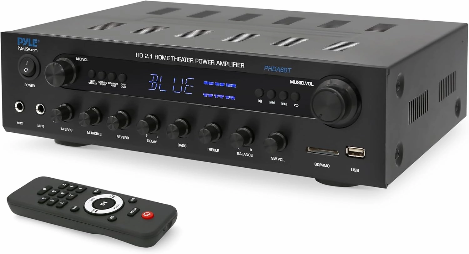 Pyle 400W Stereo Amplifier Receiver - BT Home Audio Amplifier with USB/SD Readers, FM Radio, 3.5mm Aux, Phono, Optical & Coaxial Inputs, LED Display, Mic Inputs, Built-in 2 in 1 HDMI Switch AV receiver,surround receiver,home theater amplifier,