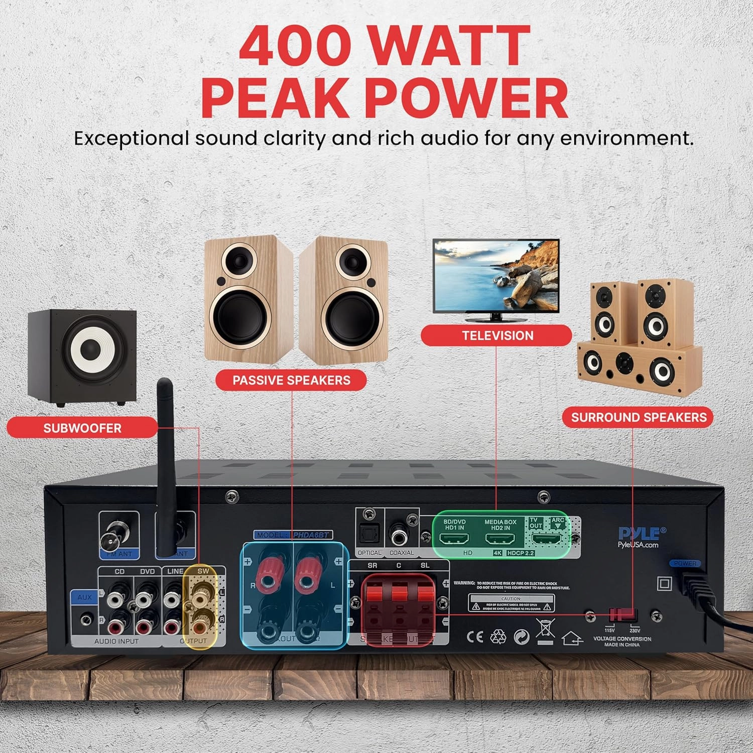 Pyle 400W Stereo Amplifier Receiver - BT Home Audio Amplifier with USB/SD Readers, FM Radio, 3.5mm Aux, Phono, Optical & Coaxial Inputs, LED Display, Mic Inputs, Built-in 2 in 1 HDMI Switch