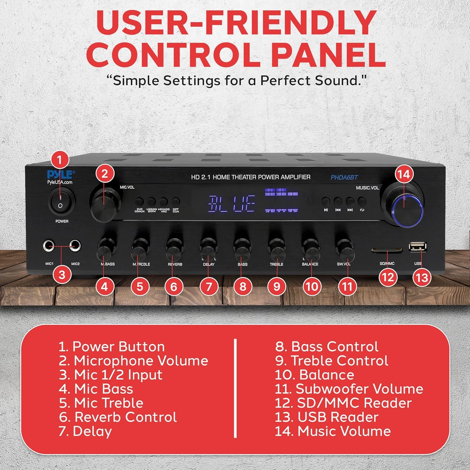 Pyle 400W Stereo Amplifier Receiver - BT Home Audio Amplifier with USB/SD Readers, FM Radio, 3.5mm Aux, Phono, Optical & Coaxial Inputs, LED Display, Mic Inputs, Built-in 2 in 1 HDMI Switch