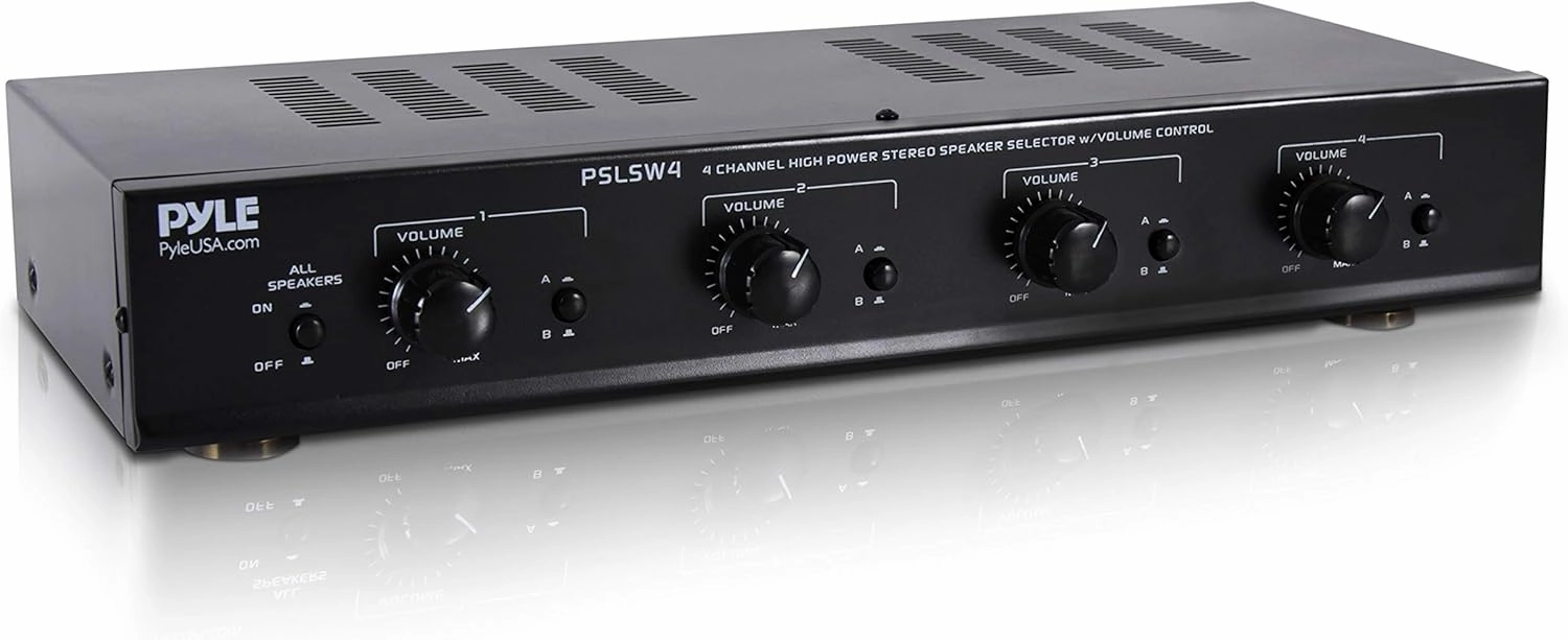 Pyle 4 Channel Speaker Selector Switch - Multi Zone A B Speaker Distribution Controller Box w/Independent Audio Source Volume Control, Supports Home Theater Stereo Amplifier Receiver System - PSLSW4 integrated amplifier,stereo receiver,hi-fi amp combo,