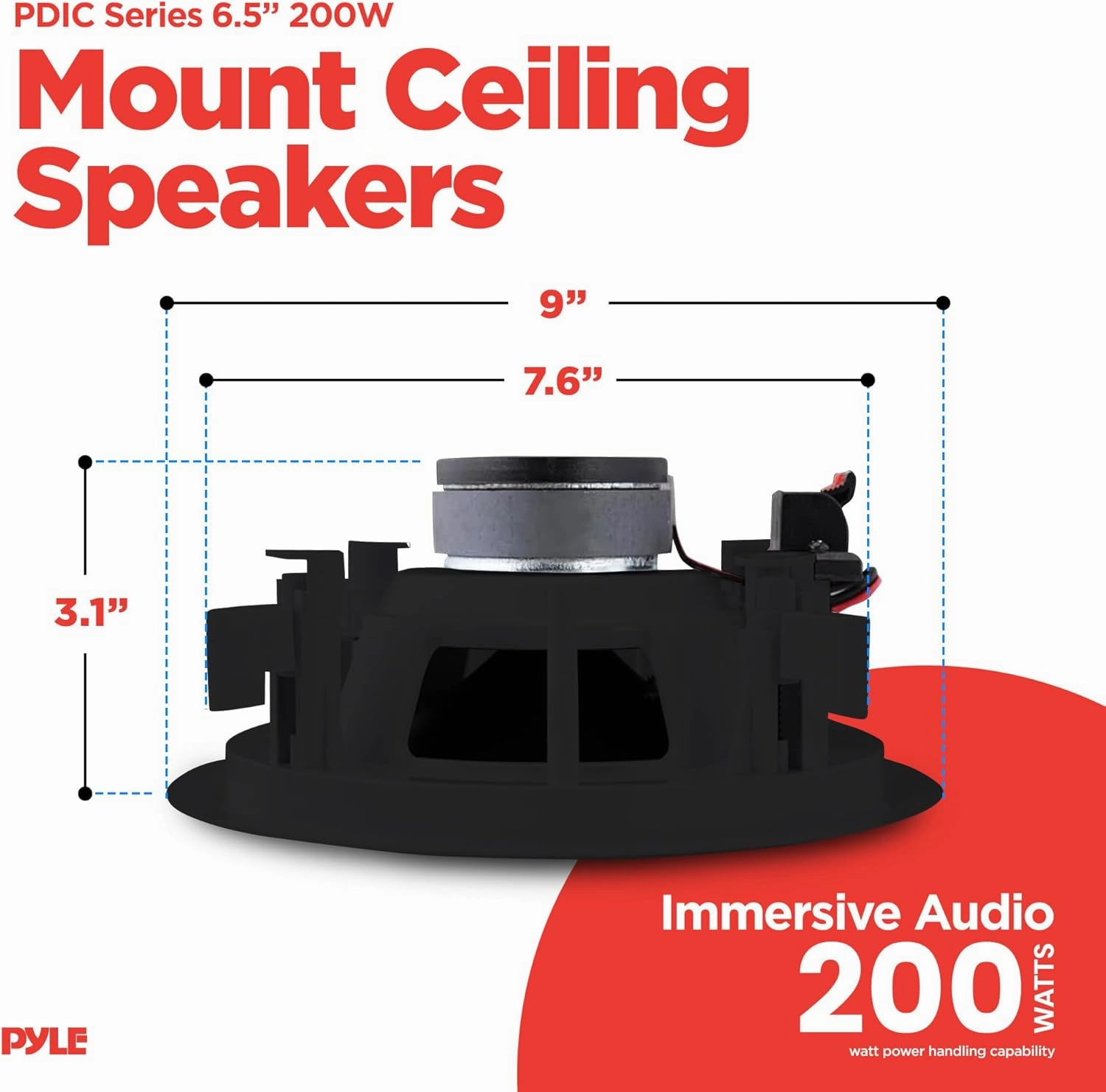 Pyle 4 Pair Speakers, 200W 6.5" Flush Mount in Wall/in Ceiling Speakers with Spring-Loaded Terminals, PDIC Series, Black
