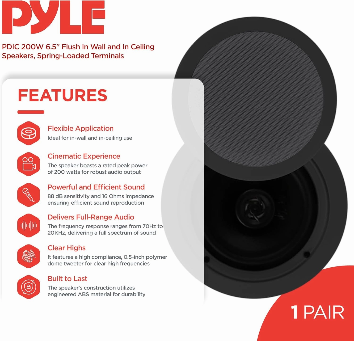 Pyle 4 Pair Speakers, 200W 6.5" Flush Mount in Wall/in Ceiling Speakers with Spring-Loaded Terminals, PDIC Series, Black