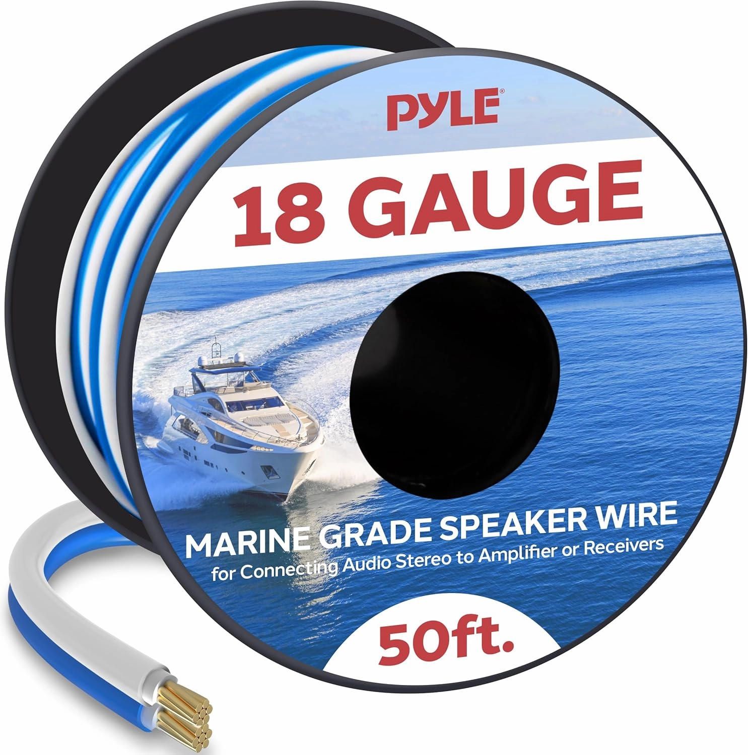 Pyle 50ft 18 Gauge Speaker Wire - Waterproof Marine Grade Cable in Spool for Connecting Audio Stereo to Amplifier, Surround Sound System, TV Home Theater and Car Stereo - PLMRSW50 speaker cable,audio wire,hi-fi speaker cord,