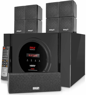 Pyle 5.1 Channel Home Theater Speaker System - 300W Bluetooth Surround Sound Audio Stereo Power Receiver Box Set w/ Built-in Subwoofer, 5 Speakers, Remote, FM Radio, RCA - PT589BT,Black surround sound system,cinema audio kit,5.1 surround package,