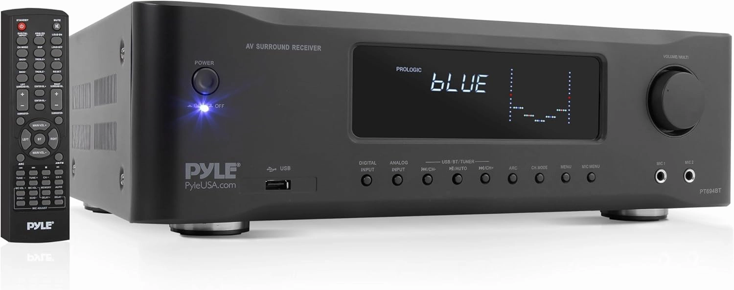 Pyle 5.2-Channel Hi-Fi Bluetooth Stereo Amplifier - 1000 Watt AV Home Speaker Subwoofer Sound Receiver w/ Radio, USB, RCA, HDMI, MIC IN, Wireless Streaming, Supports 4K UHD TV, 3D, Blu-Ray integrated amplifier,stereo receiver,hi-fi amp combo,