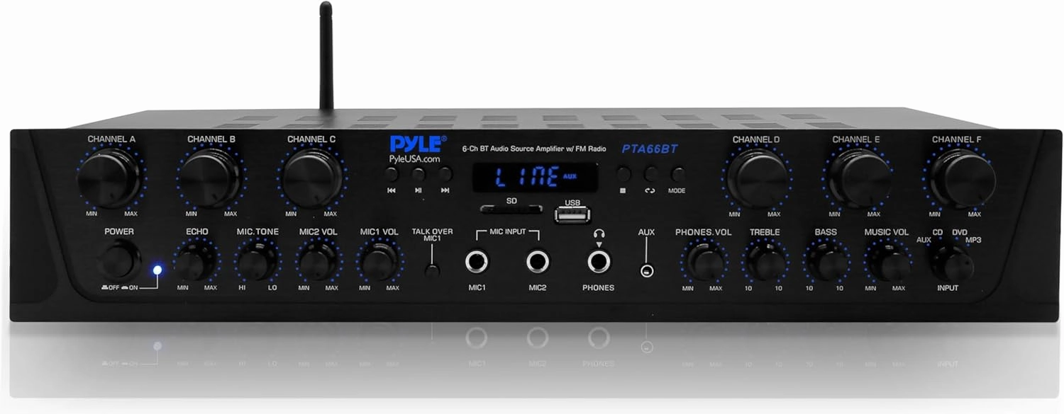 Pyle 600W 6-Channel Bluetooth Stereo Amplifier - Audio Receiver with Digital LCD - Microphone Input - USB - SD - AUX - RCA - FM Radio - Headphone Jack - Multi-Zone Control - PTA66BT integrated amplifier,stereo receiver,hi-fi amp combo,