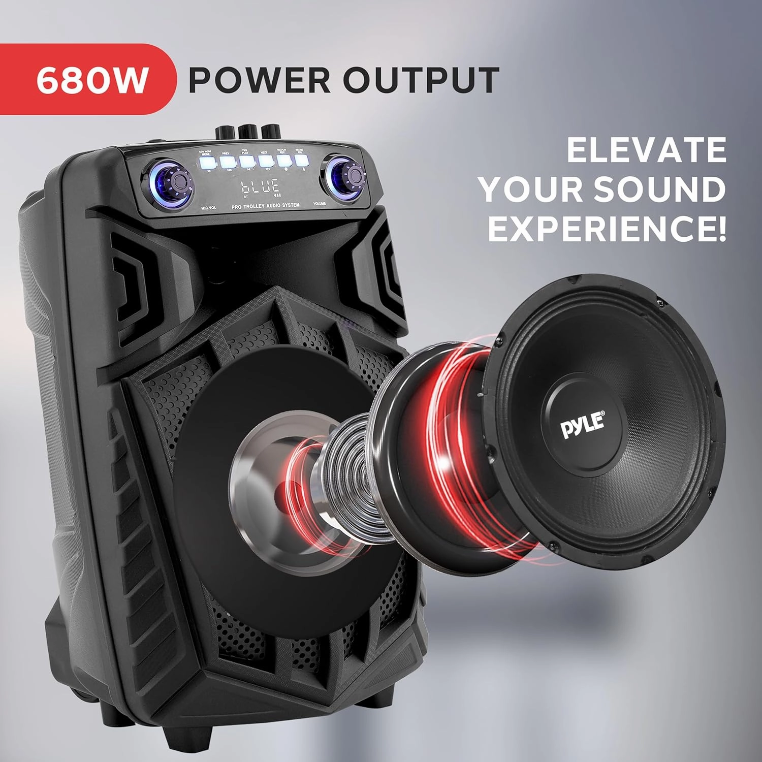 Pyle 680W Portable Bluetooth PA Speaker - 10" Rechargeable Outdoor Karaoke Speaker, Audio System w/Wireless Mic and Wheels, TWS, Lights, LED Display, 6.5mm Mic Input, FM/AUX/MP3/USB/SD