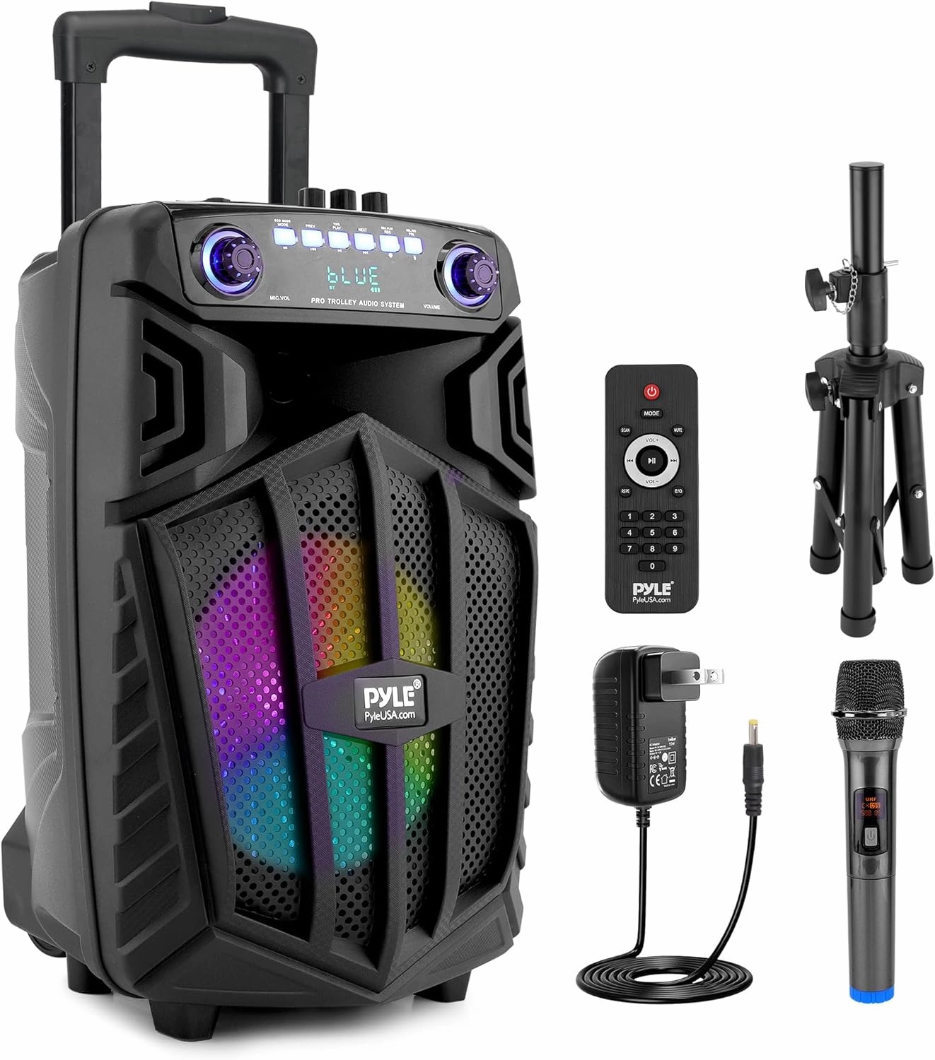 Pyle 680W Portable Bluetooth PA Speaker - 10" Rechargeable Outdoor Karaoke Speaker, Audio System w/Wireless Mic and Wheels, TWS, Lights, LED Display, 6.5mm Mic Input, FM/AUX/MP3/USB/SD outdoor speakers,weatherproof speakers,patio audio system,