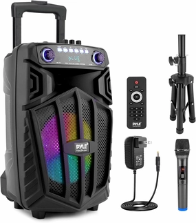 Pyle 680W Portable Bluetooth PA Speaker - 10" Rechargeable Outdoor Karaoke Speaker, Audio System w/Wireless Mic and Wheels, TWS, Lights, LED Display, 6.5mm Mic Input, FM/AUX/MP3/USB/SD outdoor speakers,weatherproof speakers,patio audio system,