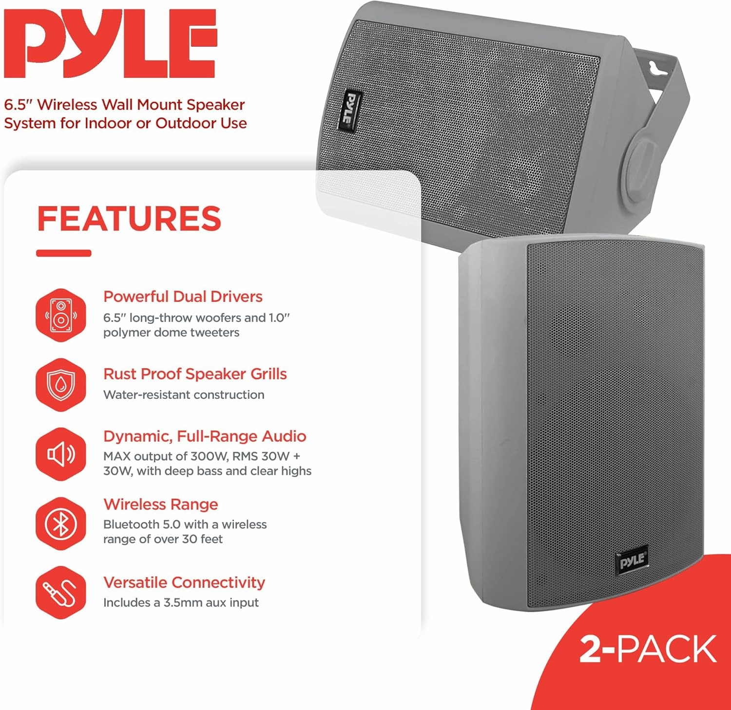Pyle 6.5 Inch Wall Mount Waterproof Speaker System for Indoor or Outdoor Wireless Bluetooth Surround Sound System, Gray (2 Pack)