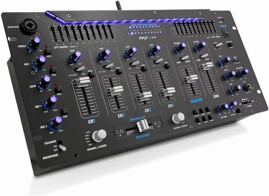 Pyle 6 Channel Mixer DJ Controller with Bluetooth, Professional Sound Digital Mixing System with LED Illumination, Slider Controls, Speed Control, 10 Band Equalizer 5U Rack Mount System - PYD1964B.5 audio rack,hi-fi component stand,media shelf,