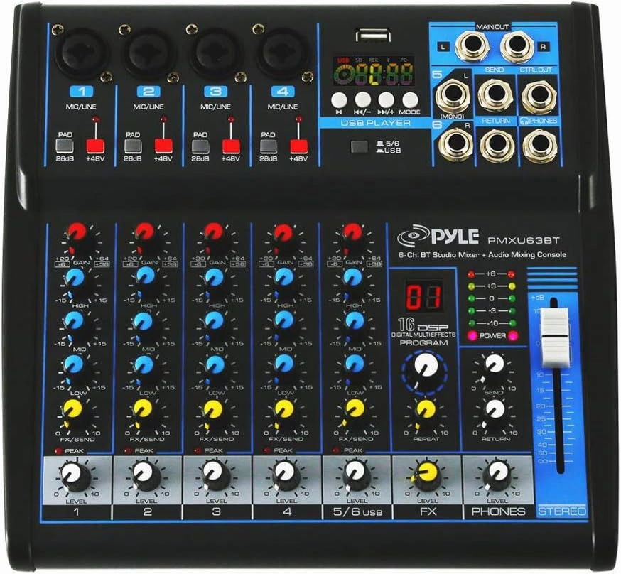 Pyle 6-Channel Professional Audio Mixer - USB - Bluetooth - 48V Phantom Power - Digital MP3 Input - FX 16-Bit DSP - Desk System Interface - PMXU63BT audio interface,USB interface,music recording input,