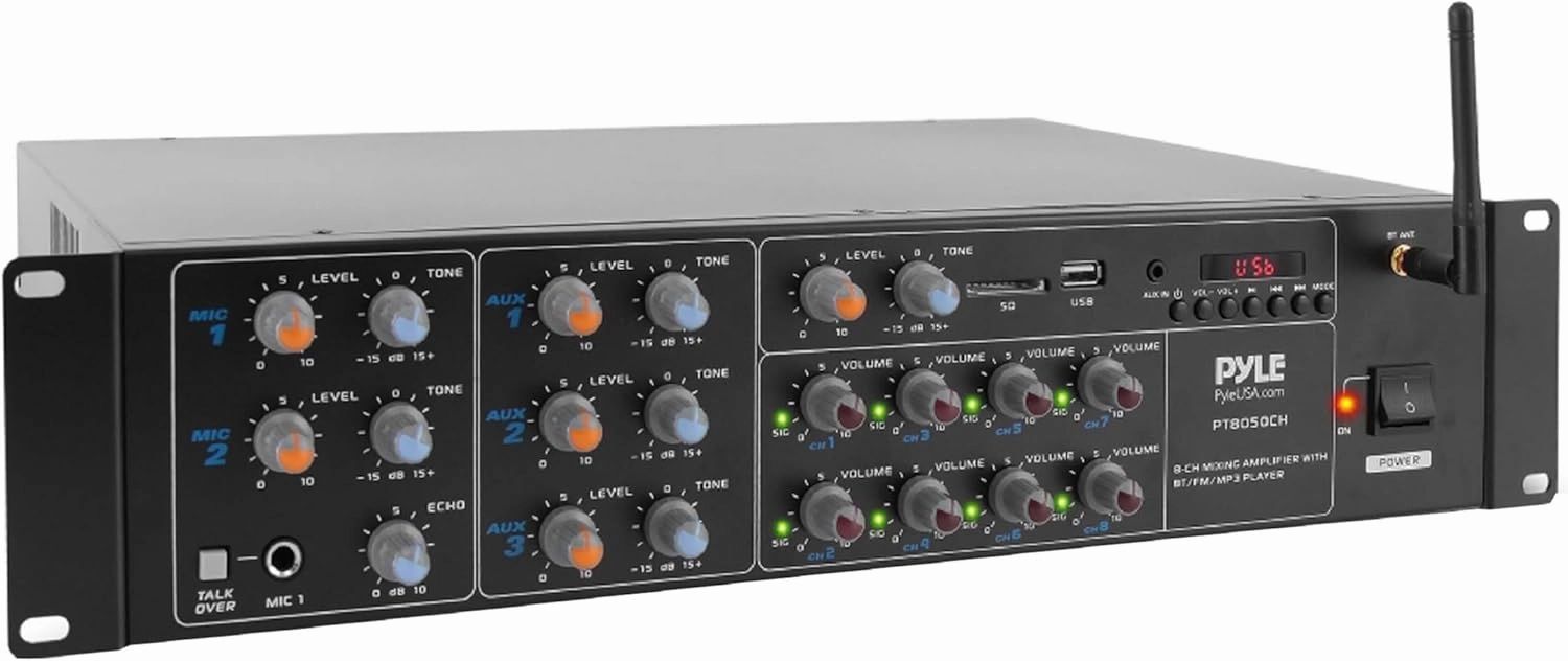 Pyle 8-Channel Wireless Bluetooth Power Amplifier - 4000W Rack Mount Multi Zone Sound Mixer Audio Home Stereo Receiver Box System w/ RCA, USB, AUX - For Speaker, PA, Theater, Studio/Stage - PT8050CH audio rack,hi-fi component stand,media shelf,