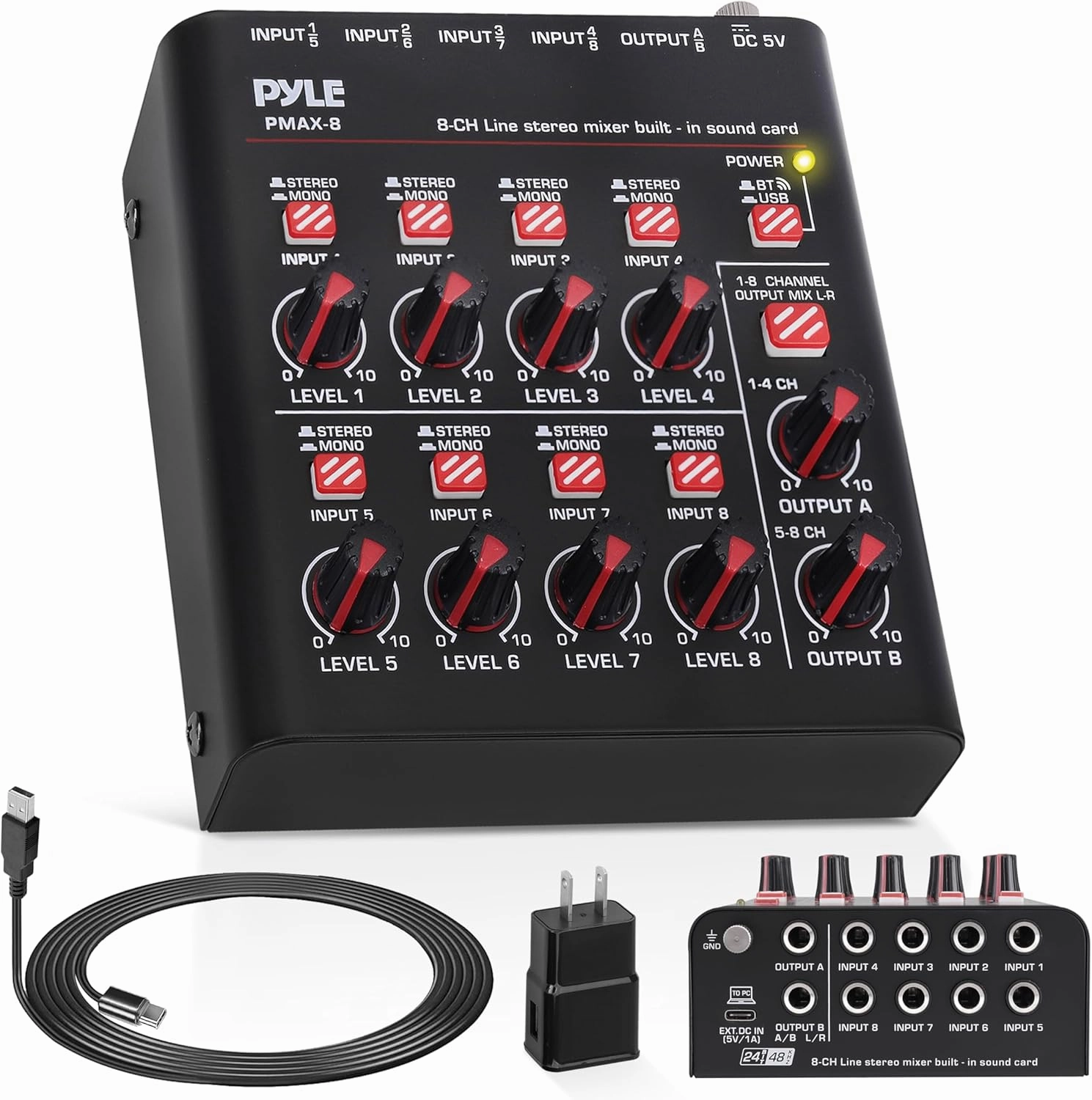 Pyle 8-Channel Wireless BT Streaming Mini Line Mixer with USB Audio Interface - 8 Mono/Stereo Switching Inputs | Ultra-low Noise Design with High Headroom | Built-in USB Sound Card - PMAX8 audio interface,USB interface,music recording input,