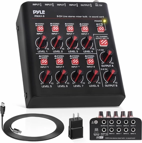 Pyle 8-Channel Wireless BT Streaming Mini Line Mixer with USB Audio Interface - 8 Mono/Stereo Switching Inputs | Ultra-low Noise Design with High Headroom | Built-in USB Sound Card - PMAX8 audio interface,USB interface,music recording input,