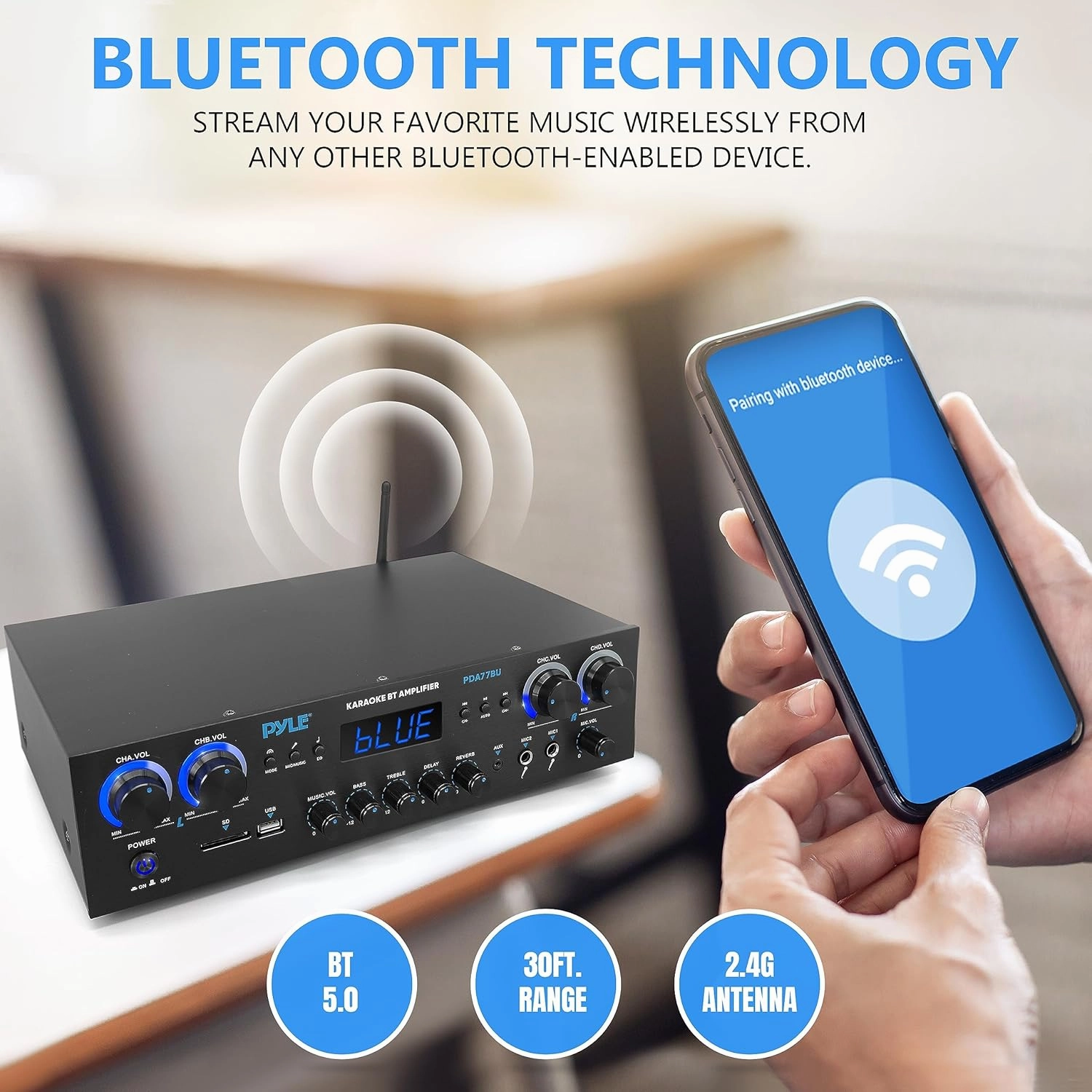 Pyle Bluetooth Home Audio Theater Amplifier Stereo Receiver- 4 Channel, 800 Watt Sound System w/ MP3,USB,SD,AUX,RCA,FM,MIC, Headphone, Reverb Delay, LED Vol, for Home/Studio/Theater Speakers- PDA77BU