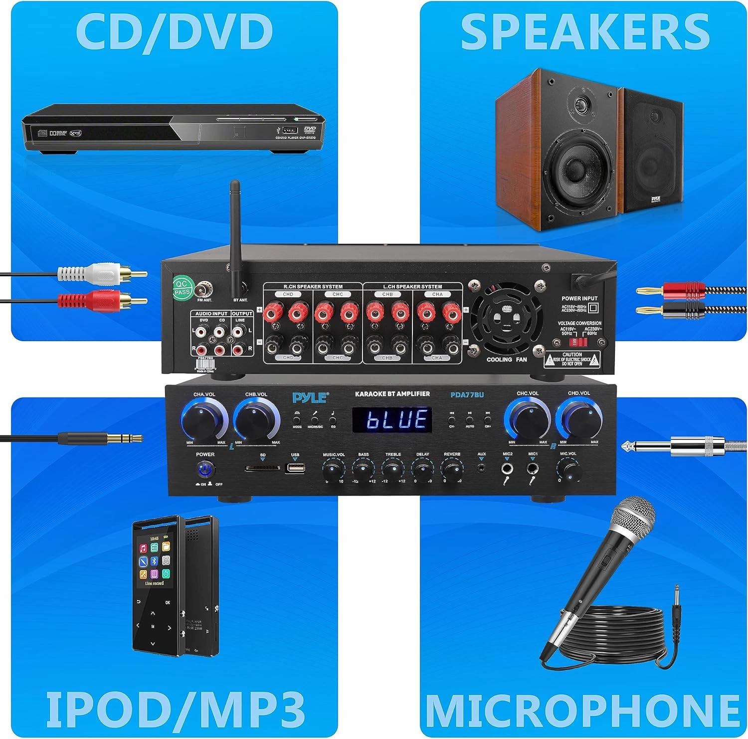 Pyle Bluetooth Home Audio Theater Amplifier Stereo Receiver- 4 Channel, 800 Watt Sound System w/ MP3,USB,SD,AUX,RCA,FM,MIC, Headphone, Reverb Delay, LED Vol, for Home/Studio/Theater Speakers- PDA77BU