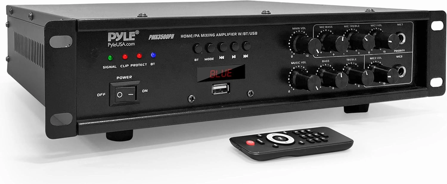 Pyle Bluetooth Home PA Mixing Amplifier - 500W Home Audio Rack Mount Stereo Power Amplifier Receiver w/FM Radio, Digital LED Display, USB/AUX/Mic, Optical/Coaxial, AC-3, 70V/100V Output - PMX3500PH integrated amplifier,stereo receiver,hi-fi amp combo,