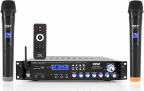 Pyle Bluetooth Multi-Channel Hybrid Pre-Amplifier System - 3000W Home Audio Rack Mount Stereo Power Amplifier Receiver w/ Radio, USB, UHF, Dual Wireless Karaoke mic, Speaker Sound System - PWMA4004BT audio rack,hi-fi component stand,media shelf,
