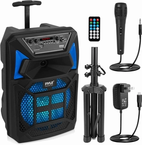 Pyle Bluetooth PA Speaker & Microphone System - Portable Karaoke Speaker with Wired Mic, Built-in LED Party Lights, FM Radio, MP3/USB/Micro SD Readers, Speaker Stand (8 Subwoofer, 400 Watt MAX) wireless speakers,portable Bluetooth speaker,multiroom spe