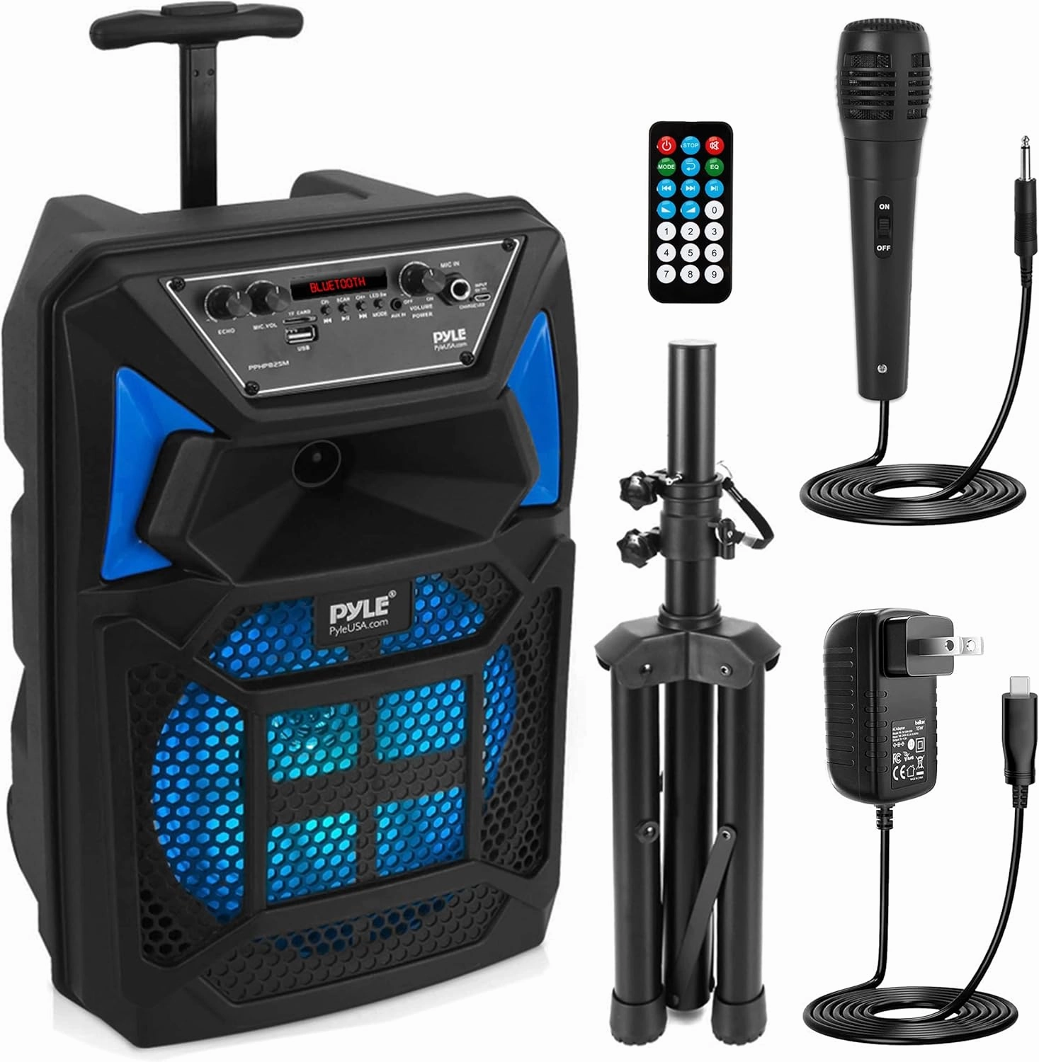 Pyle Bluetooth PA Speaker & Microphone System - Portable Karaoke Speaker with Wired Mic, Built-in LED Party Lights, FM Radio, MP3/USB/Micro SD Readers, Speaker Stand (8 Subwoofer, 400 Watt MAX) floorstanding speakers,tower speakers,stereo floor speaker