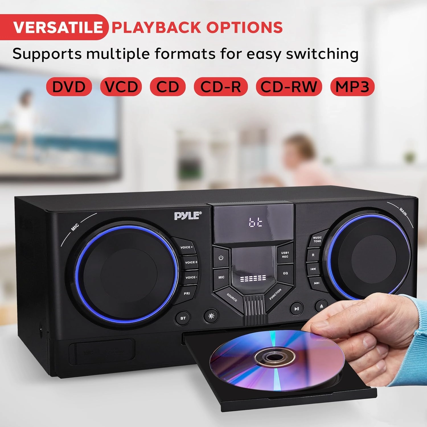 Pyle CD Stereo System with Bluetooth, MP3/DVD/CD Playback, Dual USB Recording CD Player with Speakers, Black Mini Stereo System with Subwoofer, FB Radio, 160W Digital Amplifier & Remote Control