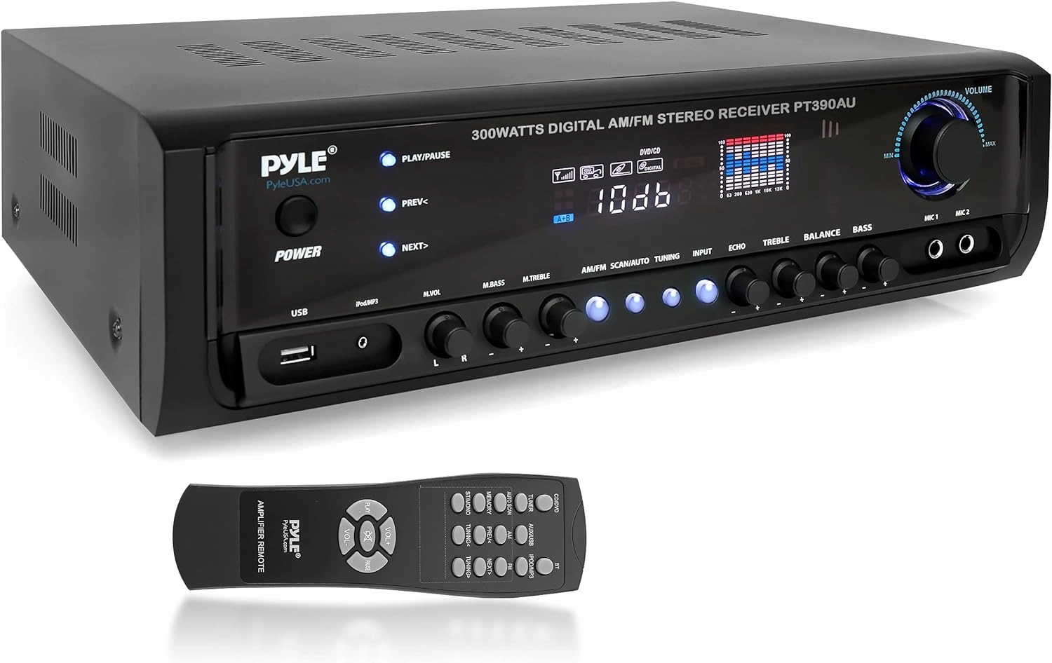 Pyle Home Audio Power Amplifier System - 300W 4 Channel Theater Power Stereo Sound Receiver Box Entertainment w/USB, RCA, AUX, Mic w/Echo, LED, Remote - for Speaker, iPhone, PA, Studio - PT390AU.5 audio rack,hi-fi component stand,media shelf,