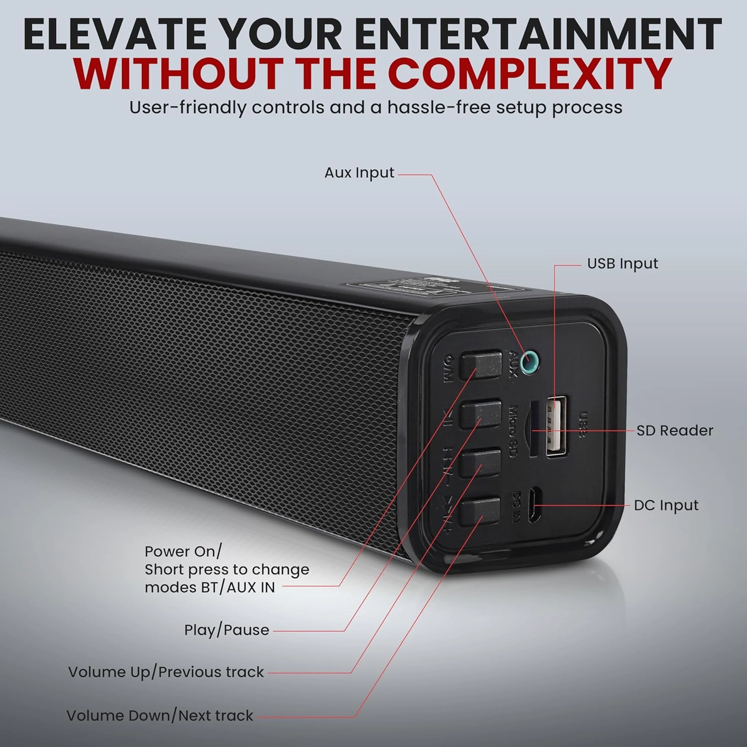 Pyle Home Theater Soundbar Speaker w/Bluetooth - Wave Base Streaming Tabletop Stand Mount TV Digital System with AUX/USB Port/Micro SD Input, Extended Bass Performance, Full Range Sound Reproduction