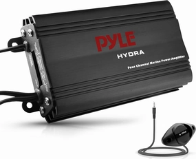 Pyle Hydra Marine Amplifier - Upgraded Elite Series 800 Watt 4 Channel Micro Amplifier - Waterproof, GAIN Level Controls, RCA Stereo Input, 3.5mm Jack, MP3 & Volume Control (PLMRMP3B) power amplifier,stereo amp,hi-fi power amp,