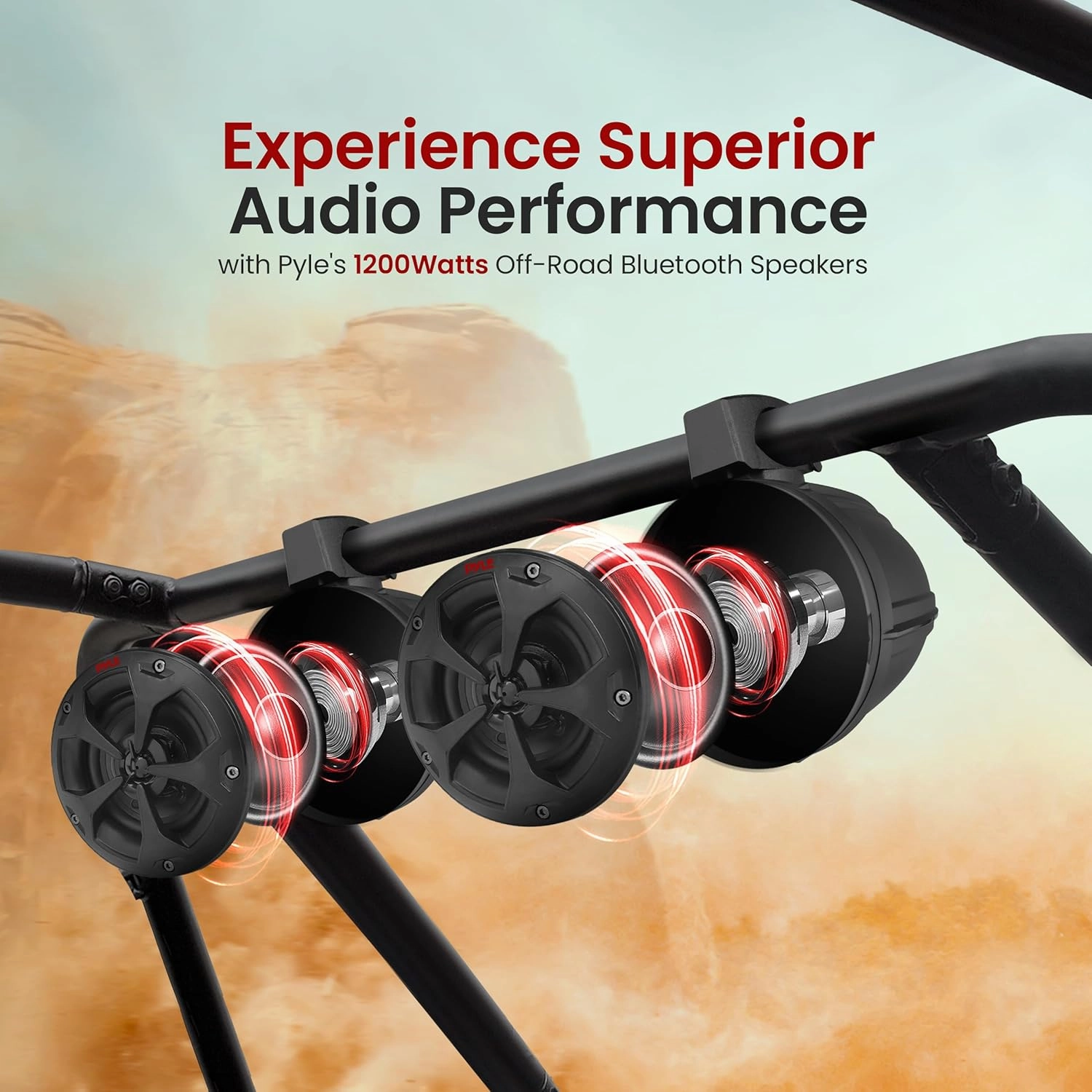 Pyle Marine-Grade Powersports Active Speaker System - 1200w Peak Power, Bluetooth 5.0 Waterproof UTV ATV 6.5" Speaker with Integrated Amplifier, Universal Roll Bar Mount for Jeep 4x4 (Pair)