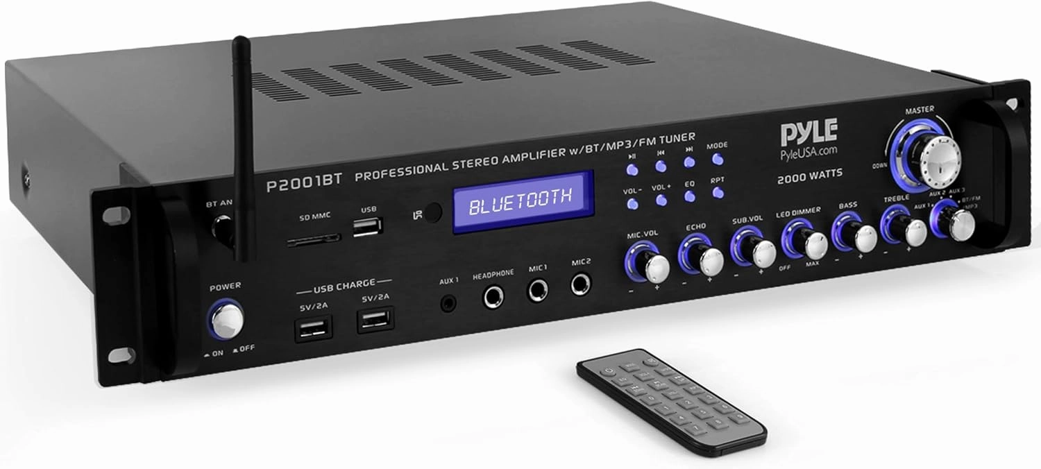 PYLE Multi Channel Bluetooth Preamplifier Receiver - 2000 Watt Audio Home Speaker Sound Stereo Receiver W/ Radio, USB, Headphone, Aux, RCA, Dual Microphone W/ Echo, Led, Wireless Streaming - P2001BT integrated amplifier,stereo receiver,hi-fi amp combo,