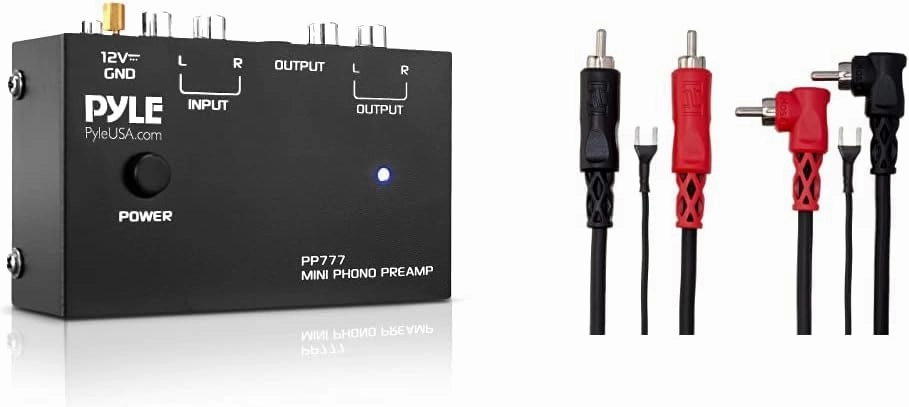 Pyle Output PP777 Phono Turntable Preamp Mini Electronic Audio Stereo Phonograph Preamplifier Input & Hosa CRA-202DJ Dual RCA to Dual Right Angle RCA with Ground Wire Stereo Interconnect Cable, 2 M phono preamp,turntable amplifier,record player preamp,