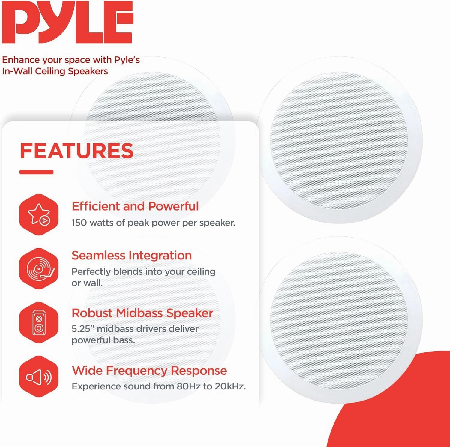Pyle PDIC Series 5.25 Inch 150 Watts 4.8 Ohms Round Flush Mount Wall and Ceiling Home Speakers with Directable Polymer Dome Tweeter, (4 Pack)