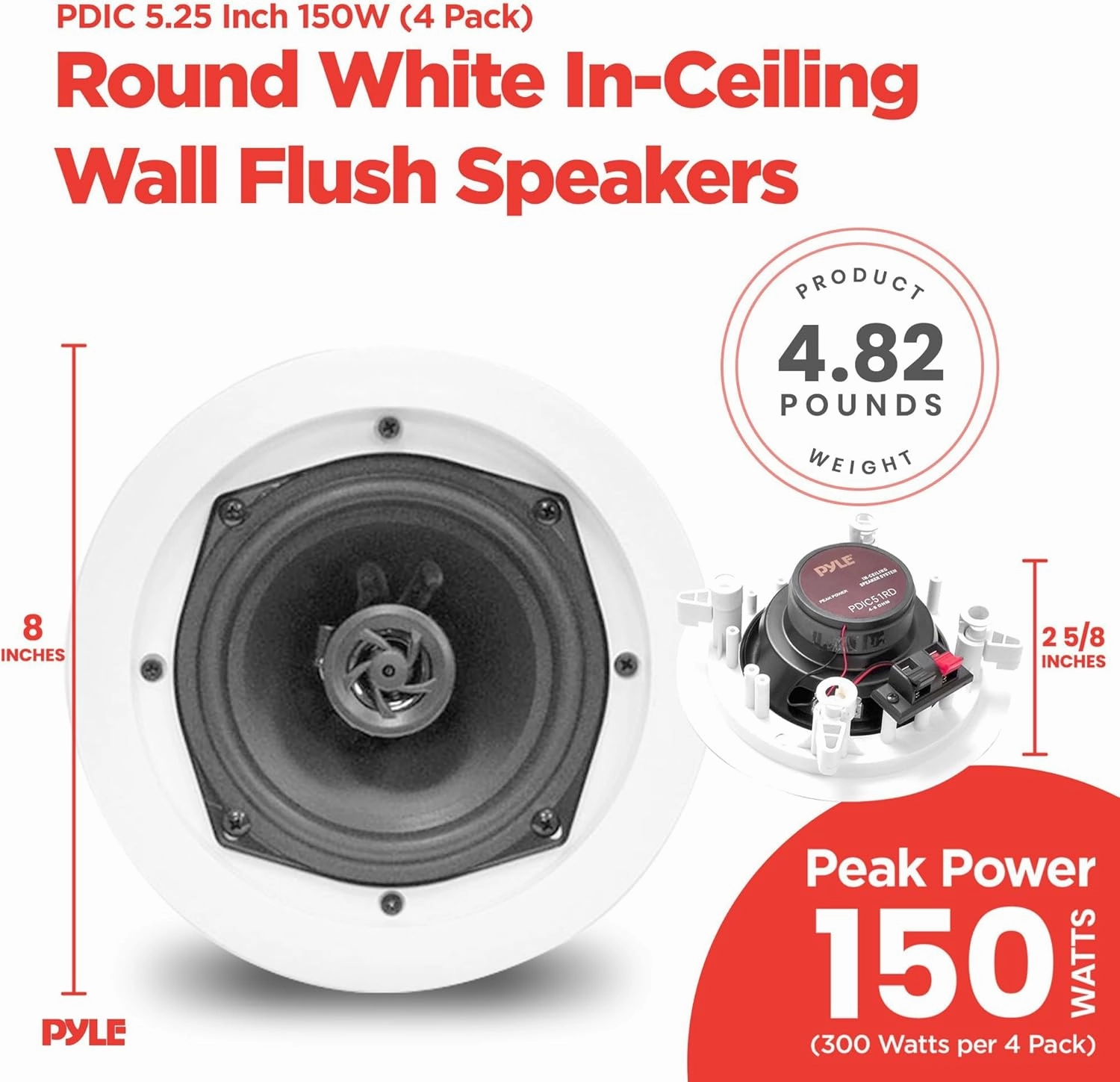 Pyle PDIC Series 5.25 Inch 150 Watts 4.8 Ohms Round Flush Mount Wall and Ceiling Home Speakers with Directable Polymer Dome Tweeter, (4 Pack)