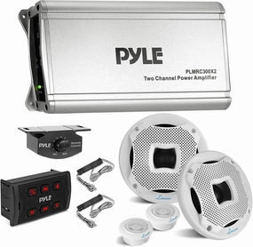 Pyle PLMRC300X2 600 Watt Peak Power 2-Channel Weather Resistant Class D Compact Amplifier w/Lanzar AQ65.2CMW 6.5" 450 Watt Peak Power 2-Way Marine Speaker (Pair, White), Wireless Receiver Remote power amplifier,stereo amp,hi-fi power amp,