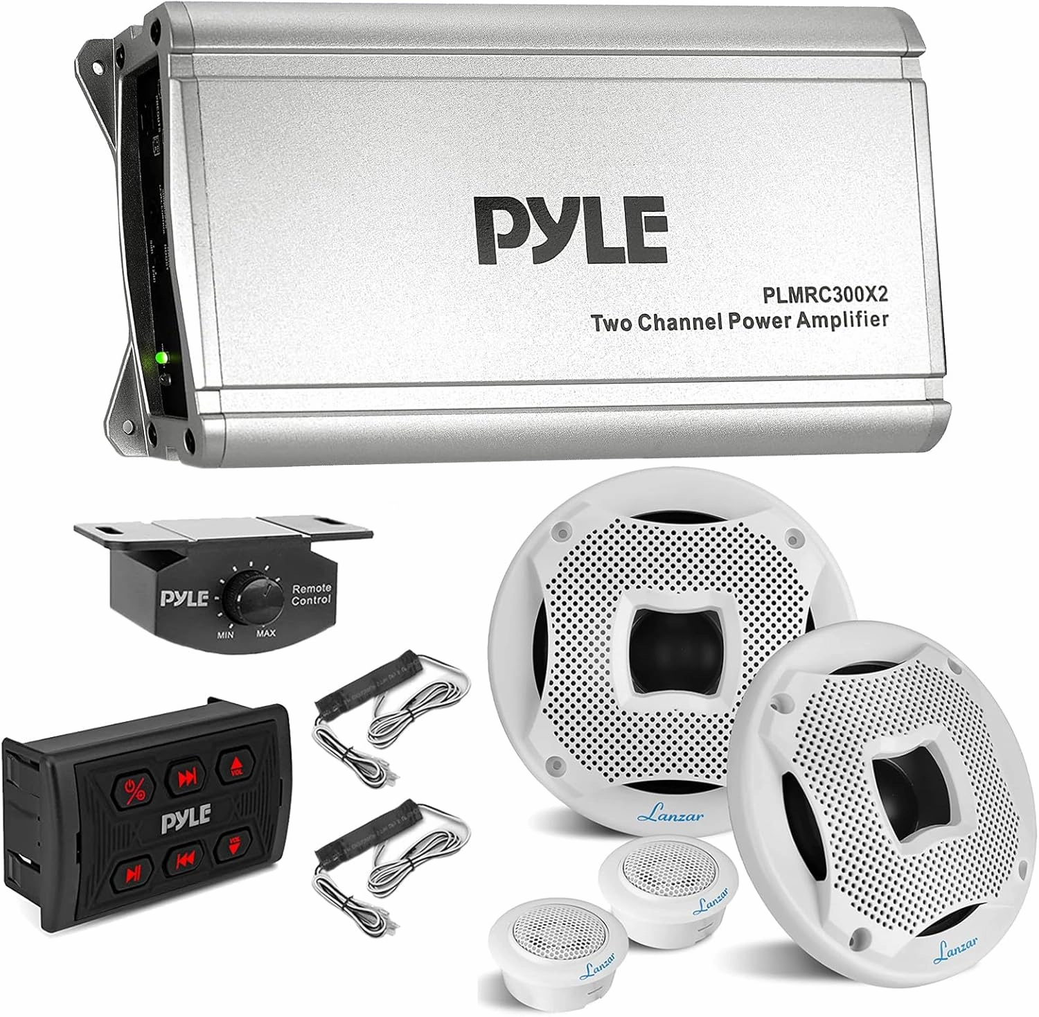 Pyle PLMRC300X2 600 Watt Peak Power 2-Channel Weather Resistant Class D Compact Amplifier w/Lanzar AQ65.2CMW 6.5" 450 Watt Peak Power 2-Way Marine Speaker (Pair, White), Wireless Receiver Remote power amplifier,stereo amp,hi-fi power amp,