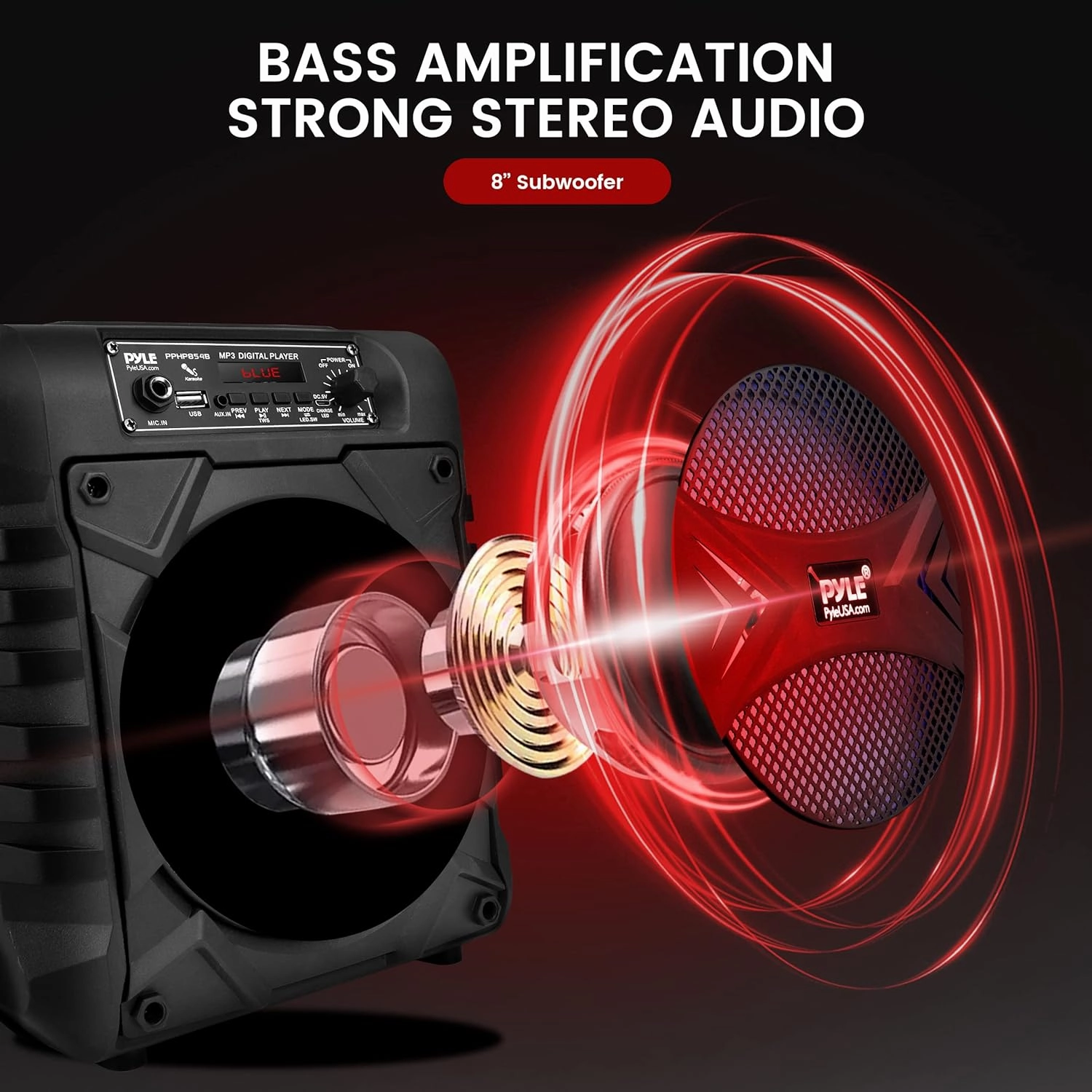 Pyle Portable Bluetooth PA Speaker System, 300W Rechargeable Outdoor Bluetooth Speaker Portable PA System w/ 8 Subwoofer, AUX, Microphone in, Party Lights, MP3/USB, Radio, Remote