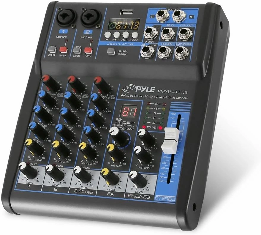 Pyle Professional Audio Mixer Sound Board Console System- Interface 4 Channel Digital USB Bluetooth MP3 Computer Input 48V Phantom Power Stereo DJ Studio Streaming FX 16-Bit DSP Processor- PMXU43BT.5 mixer console,audio mixing desk,DJ console,