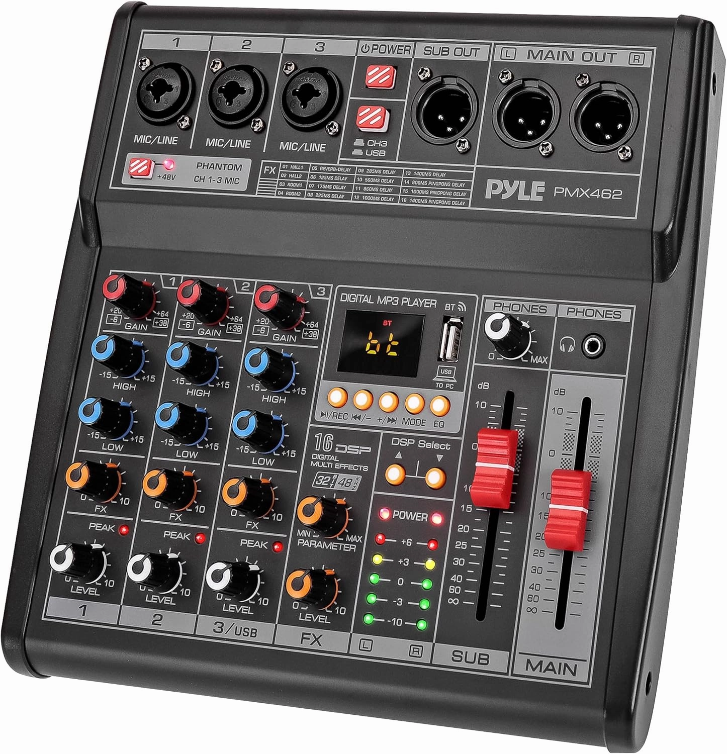 Pyle Professional DJ Audio Mixer - 3-Channel Controller with 16 Preset DSP Effects - USB Interface - 3 Mic/Line Inputs -  48V Phantom Power - Built-in FX Processor - MP3 Player/Headphone Jack - PMX462 audio interface,USB interface,music recording input,